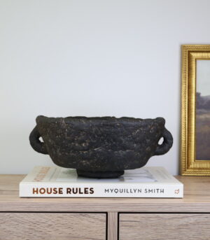 Aged Finish Black Paper Mache Bowl with Handles - Textured Elegance