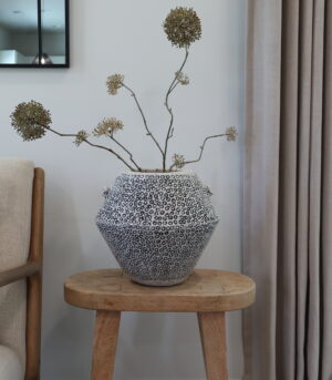 Handmade Paper Mache Vase 11” Beige and Black- By Arma Home Art