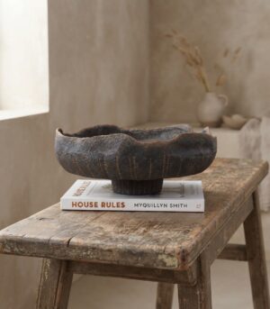 Paper Mache Curved Sculpture Bowl Dark Brown 13"- Trace of Dots Collection